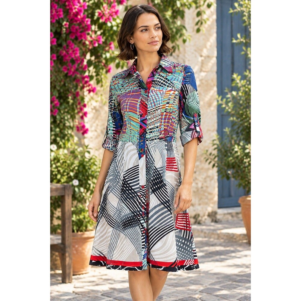 Desigual Button Up Shirt Dress XS Vibrant Artsy Art to Wear Maximalist Statement